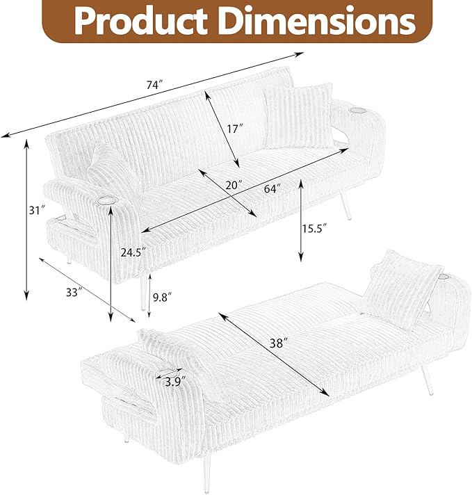 70 Beige Futon Couch Bed Sofa Comfortable Futon Loveseat with Cupholders &amp Arms Convertible Fouton Sofas with Adjustable Backrest &amp Pockets for Small Spaces Living Room Bedroom Dorm (Pink)