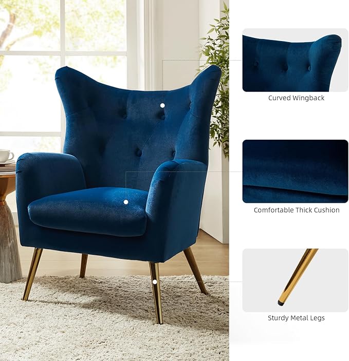 HULALA HOME Velvet Accent Chair Set of 2 Modern Wingback Arm Chair with Metal Gold Legs Velvet Tufted Upholstered Single Sofa Chair (Navy)