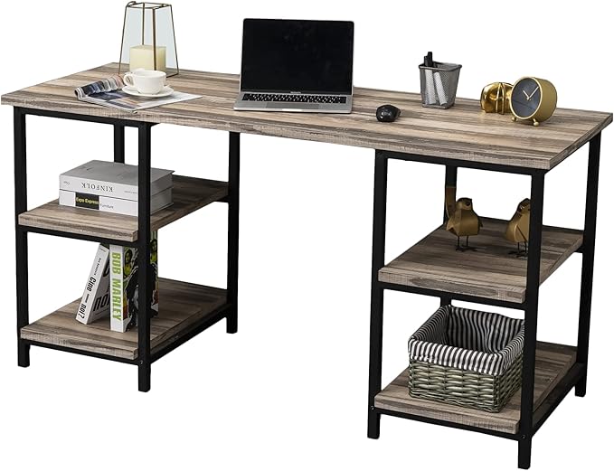 59 Inches Computer Desk Trestle Desk with Both Side 2-Tier Shelves Modern Simple Style Study Work Game Desk Workstation Home Office Table Rustic Wood Desk