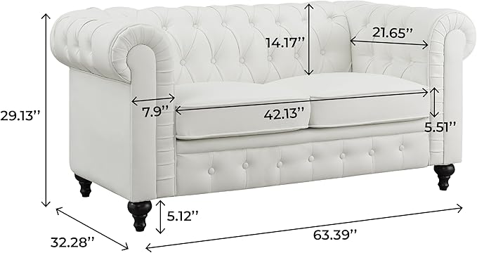 Naomi Home Emery Chesterfield Leather Loveseat Mini Sofa Sleeper Loveseat Small Sofa Bed with Rolled Arms Tufted Cushions 2 Seater Sectional Small Loveseat for Spaces Living Room White