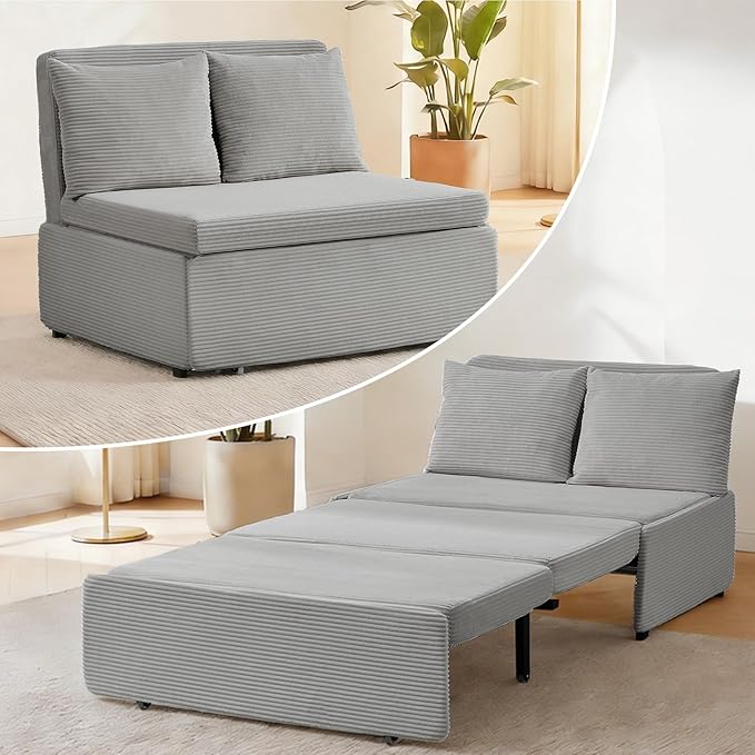 CECER 43.5 Twin Size Pull Out Sofa BedCorduroy Pull Out Couch with Tri-fold Mattress3-in-1 Convertible Sleeper Sofa with Pillows for Small Space/Bedroom/Apartment（Light Grey）
