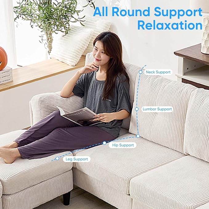 Mjkone Sectional Couch Sofa with Ottoman U Shape Sofa for Living Room Corduroy Convertrible Couches with Double Chaises 6 Seater Sofas for Living Room/Home Office/Guest (Beige)