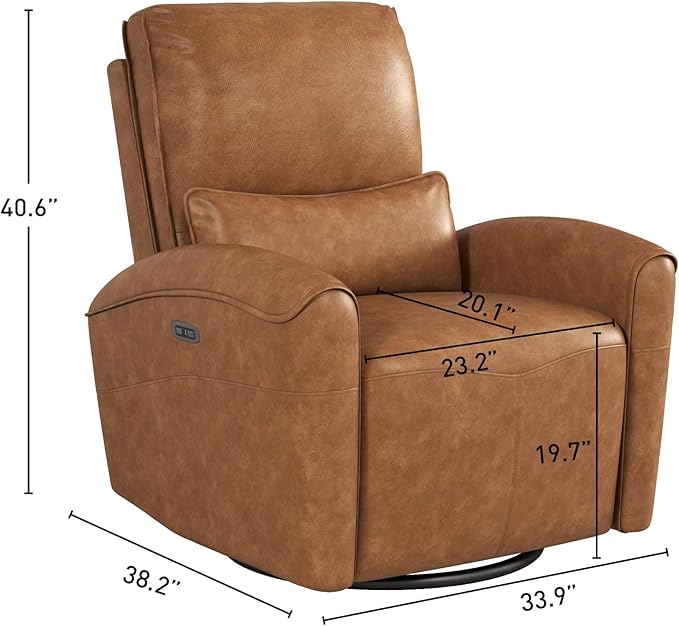 Bonzy Home Power Swivel Rocker Recliner Chair with USB Port 23.2 Wide Seat Fixed Lumbar Support Upholstered Glider Chair for Nursery Living Room Brown