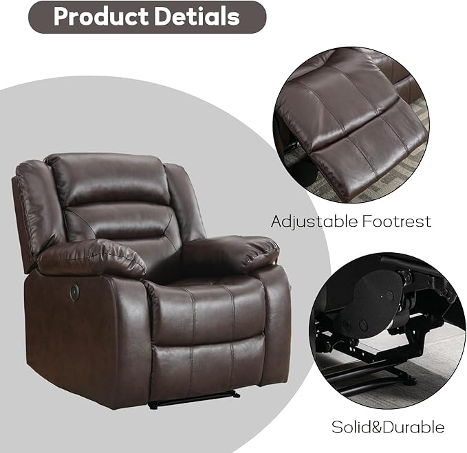 EBELLO Faux Leather Power Recliner Chair Oversized Electric Overstuffed Reclining Chair with Thick Cushion and Back Single Sofa with Comfortable Armrest USB Charge Port Brown (Recliner)