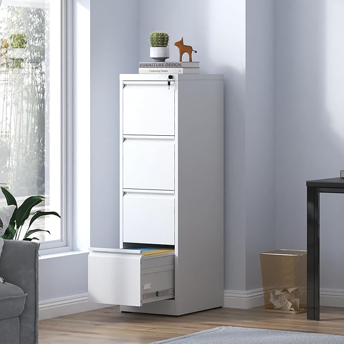 4 Drawer Small File Cabinet with Lock Under Desk Locking Drawers Storage Cabinet Organizer for Home Office Filing Cabinets for A4 Legal/Letter SizeWhite