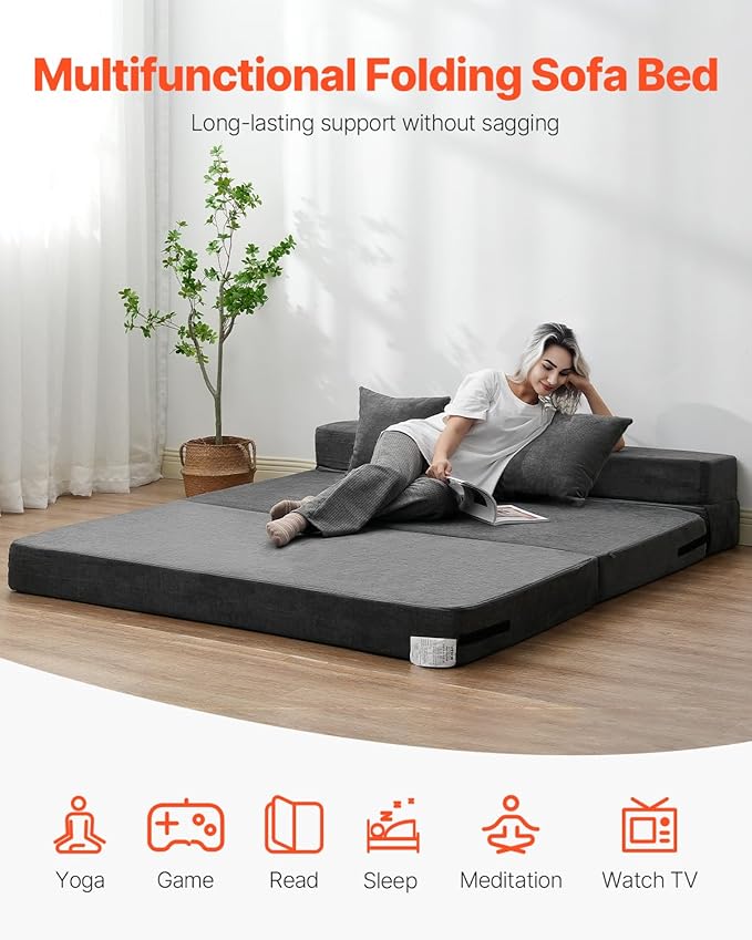 VEVOR Folding Sofa Bed 3-in-1 Foldable Couch Bed with 2 Pillows and Washable Cover 25D High Density Memory Foam Convertible Sleeper Chair Bed Futon Couch for Living Room Bedroom Dark Grey(Queen)
