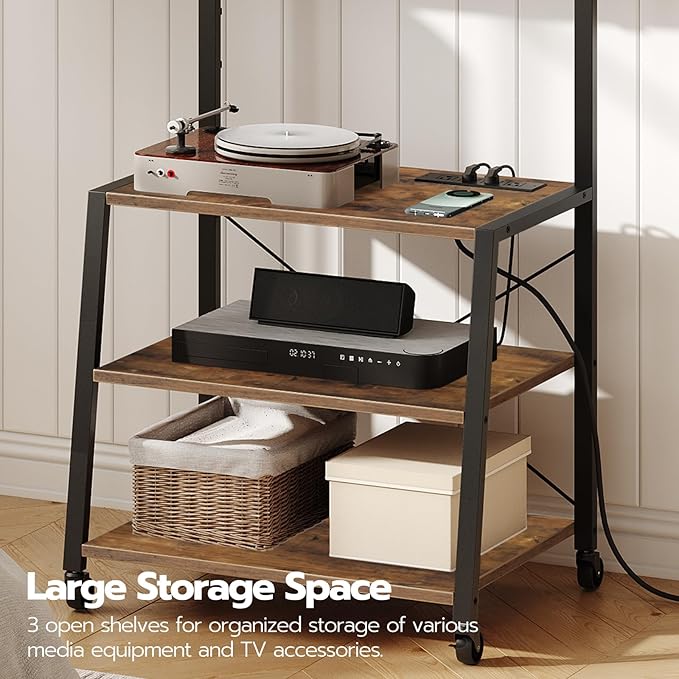 HOOBRO Rolling TV Stand with Mount and Power Outlet Up to 55 inch TV Corner Entertainment Center Small TV Stand with 3-Tier Storage Shelves for Living Room Bedroom Rustic Brown and Black BF66UDS01