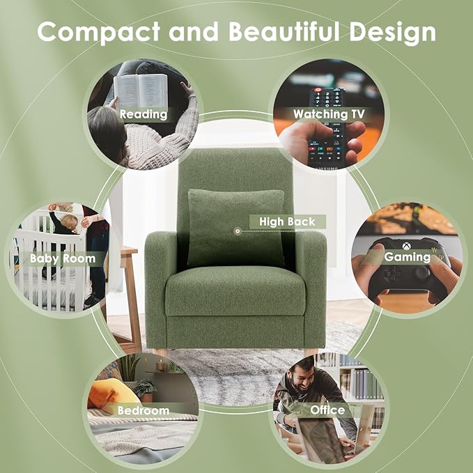 COLAMY Mid-Century Modern Upholstered Accent Chair with Back Pillow &amp Solid Wood Legs Fabric Cozy Armchair for Living Room Bedroom Reading Nook Apartment &amp Small Spaces Green