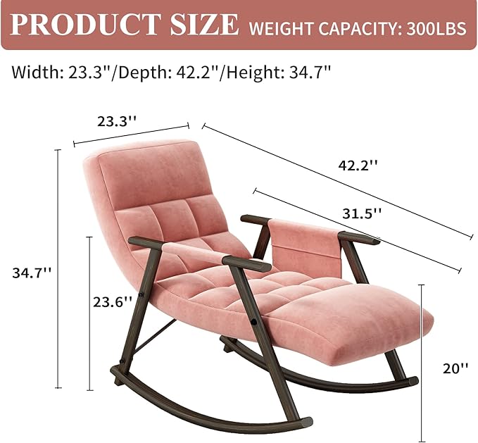 NIOIIKIT Nursery Rocking Chair Velvet Upholstered Rocker Chair with Adjustable Back&ampFootrest Reclining Glider Chair with Side Pocket Tufted Glider Rocker Armchair for Living Room (Pink Velvet)
