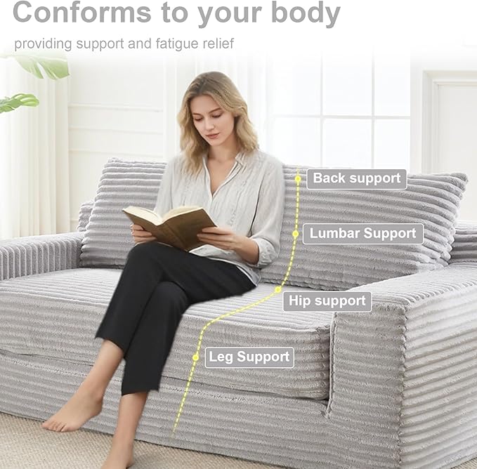 GNIXUU Corduroy Cloud Loveseat Sofa 2 in 1 Convertible Sleeper Sofa with Fixed-Shape Frame Comfy Folding Boneless Love Seat Couches for Living Room Apartment Small Spaces Grey