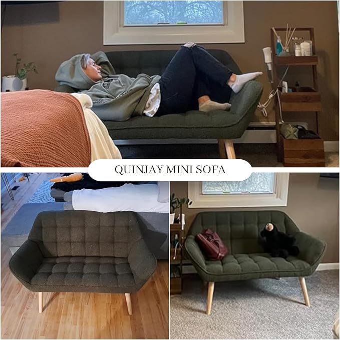 48 Small Loveseat Sofa Modern Sherpa Mini Sofa Couch 2-Seater Fluffy Love Seat with Quilting Backs and Wood Legs for Living Room Bedroom and Small Space Green