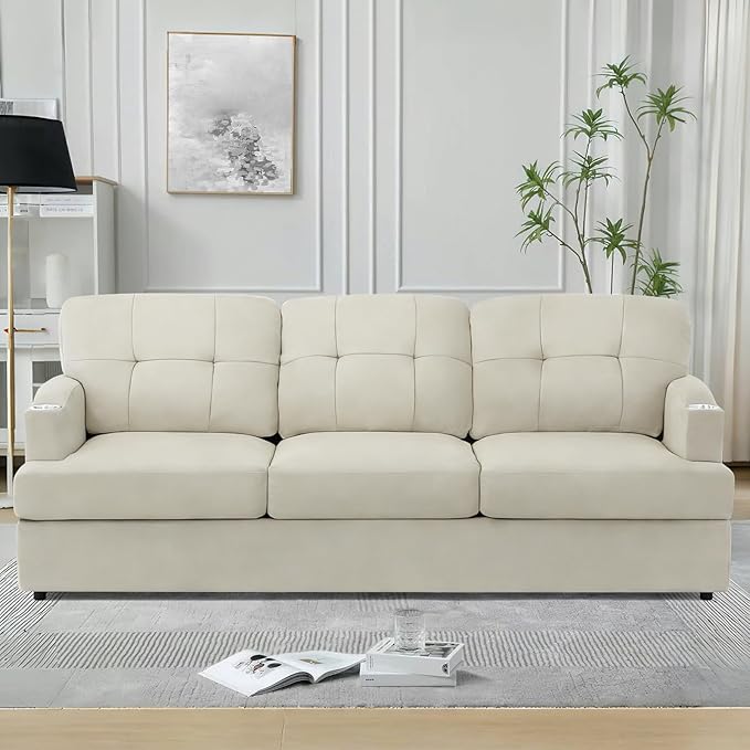 89 Chenille 3 Seats Sofa with Built-in Cup Holder Tufted Modern Couch with Thickened Seat Cushions Soft Upholstered Sofa with Deep Seating Space for Living Room Apartment Beige