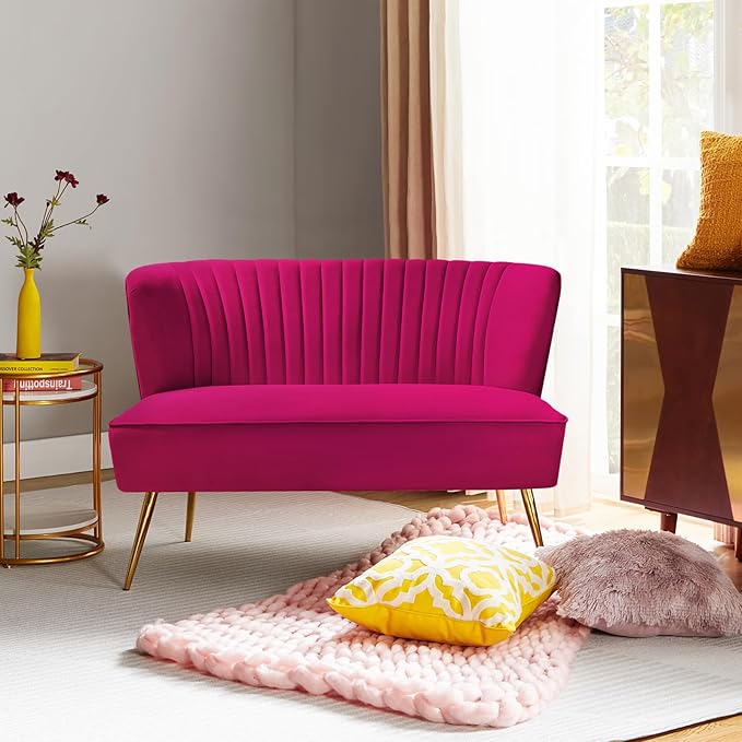 HULALA HOME Velvet Loveseat Sofa with Gold Legs Mid-Century Modern Upholstered Love seat Couch Tufted Small 2-Seat Sofa Armless for Living Room Bedroom Apartment Small Spaces Fuchsia