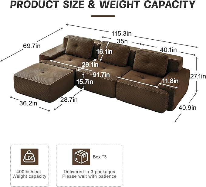 117 Modern Corduroy Cloud Sofa with Ottoman L Shaped Boneless Modular Large Sectional Couches for Living Room Brown 3 Seater Compressed Memory Foam Couch Extra Deep Seat No Assembly