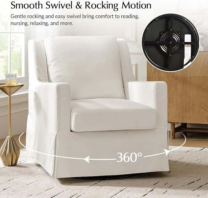 HULALA HOME Swivel Rocker Chair Farmhouse Swivel Rocking Accent Chair with Washable Slipcover Fabric Upholstered Barrel Armchair with Down Filled Cushions Ivory