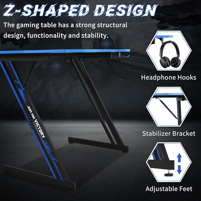 BLKMTY 35 Inch Gaming Desk Computer Desk with Headphone Hook Modern Gamer Desks Table for Home Office Dorm Sturdy Writing Workstation Z-Shaped Carbon Fiber Black Blue