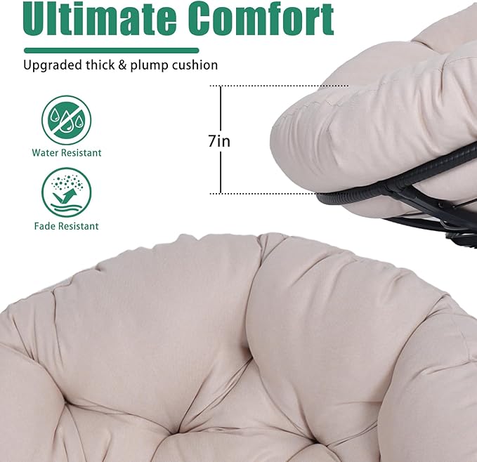 43 Ergonomic 360° Swivel Papasan Chair Wicker Round Chair with Thick Cushion Lounge Chair for Living Room Bedroom Reading Nook Indoor Outdoor Use (Black + Light Gray)