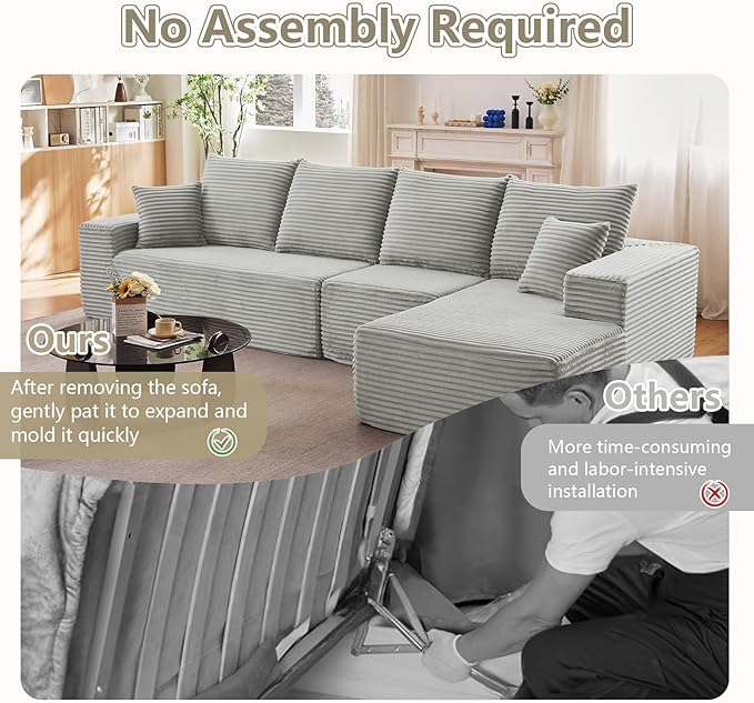135 Cloud Sectional Couch with L-Shape Chaise Modern Modular Comfy Sofa Chaise Longue Upholstered Corduroy Couches Sleeper with Deep Seat for Living Room Bedroom No Assembly Required Grey