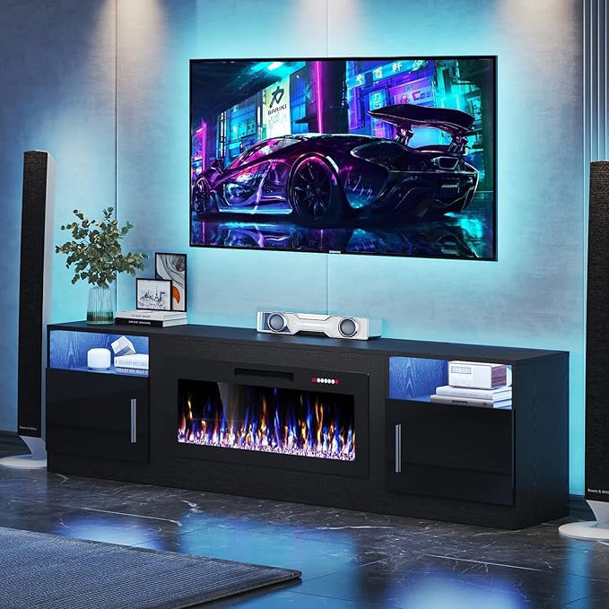 VITESSE TV Stand with 36 inch Electric Fireplace Up to 90 TVs LED Light Entertainment Center 80 Modern Wood High Gloss Fireplace with Highlight Storage Cabinet for Living Room (Black)