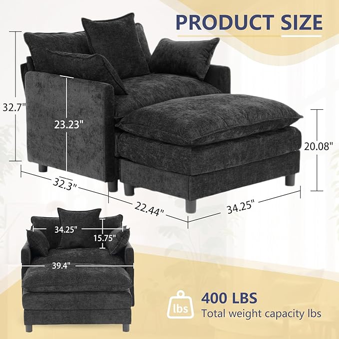 cinkehome Oversized Accent Chair with Ottoman Comfy Upholstered Armchair with Deep Seat Overstuffed Lounge Chair for Living Room Reading Nook (Black Chenille)