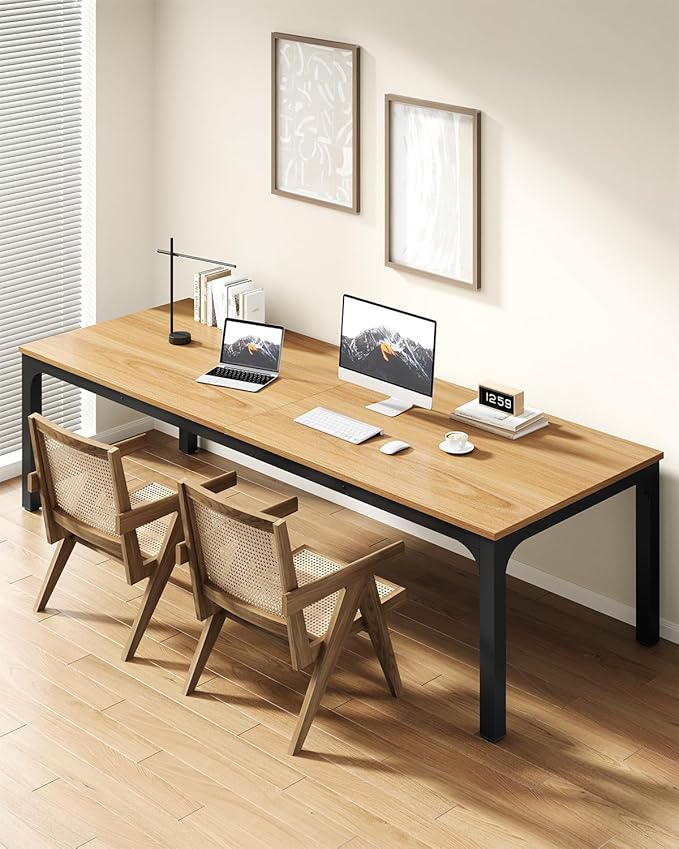 LITTLE TREE Two Person Desk 78.7 Inches Extra Long Computer Desk Wooden Large Office Desks with Strong Metal Legs Double Desk for 2 People Writing Study Table for Home Office Natural &amp Black