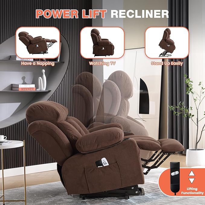 Power Lift Recliner Chair for Elderly with Vibration Massage and Lumbar Heating Electric Lift Recliner Single Sofa with Side Pocket Two Cup Holders and USB Charge Port for Living Room