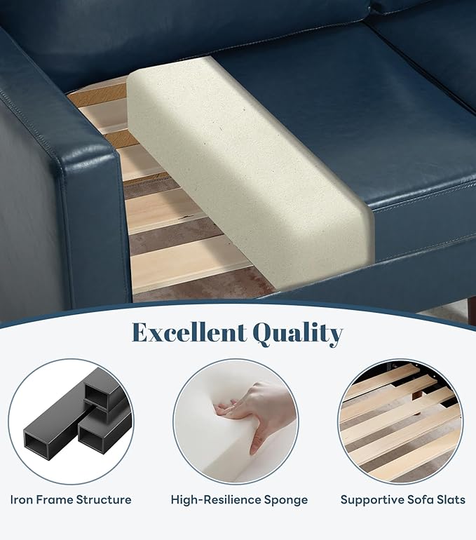 Kingfun 65 Loveseat Sofa with 2 Chair Faux Leather Love Seat Couch Mid Century Modern Couch with Solid Wooden Frame for Living Room &amp Bedroom in Small Spaces Navy Blue