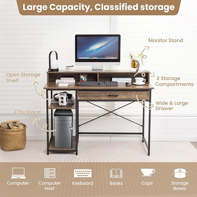 Giantex Computer Desk with Monitor Shelf 48 Home Office Writing Desk with Drawer Storage Shelves CPU Stand Study Desk Table Workstation for Bedrooms Rustic Brown