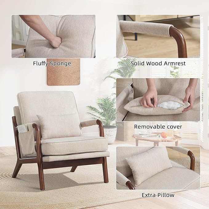 CANMOV Accent Chairs Set of 2 Mid Century Modern Chair with Extra Side Storage Pocket Upholstered Reading Armchair with Waist Cushion Accent Chair for Living Room Bedroom Easy Assembly Beige