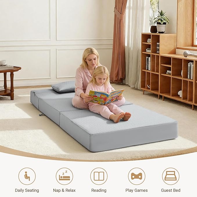 BeBen Folding Sofa Bed Boneless Foldable Chair Bed Convertible Futon Sleeper Chair Couch Twin Lazy Floor Lounger Sofa Couch for Small Spaces Dorm Guest Room Living Room Apartment Grey