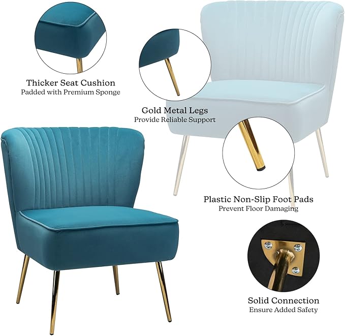 TINA'S HOME Monica Velvet Armless Side Chair Set of 2 Upholstered Accent Chair Comfy Living Room Chair with Golden Legs Wingback Mid Century Slipper Chair for Bedroom Guest Room- Blue