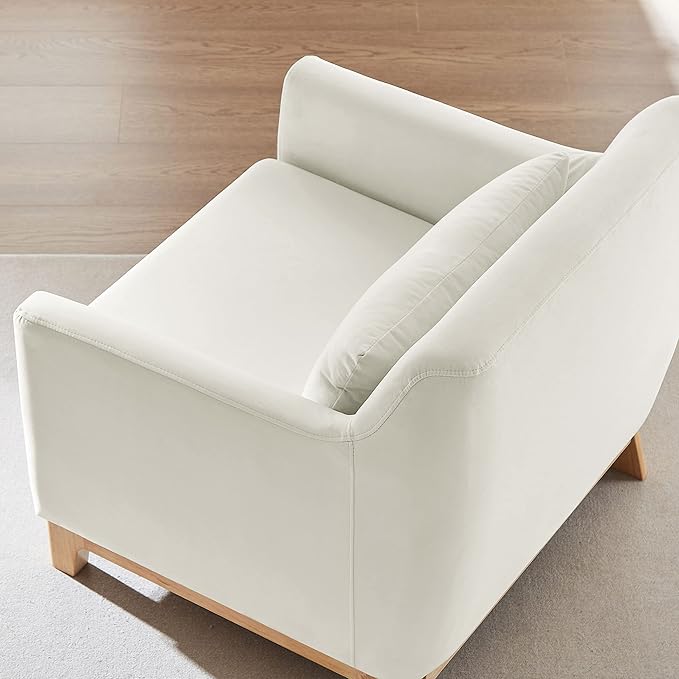 Extra Deep Accent Chair Fabric Upholstered Comfy Reading Armchair for Living Room Bedroom Single Seat Sofa Chair with Wood Base Velvet Beige