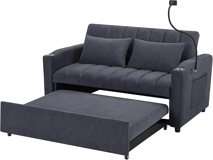 Pull Out Sofa Bed 55.9 Convertible Sofa Bed with 360°Swivel Phone Holderm Two Side Pockets Two Cup Holders 3 Level Adjustable Backrest Bella Fabric Loveseat Sofa (Blue Grey * Loveseat90)