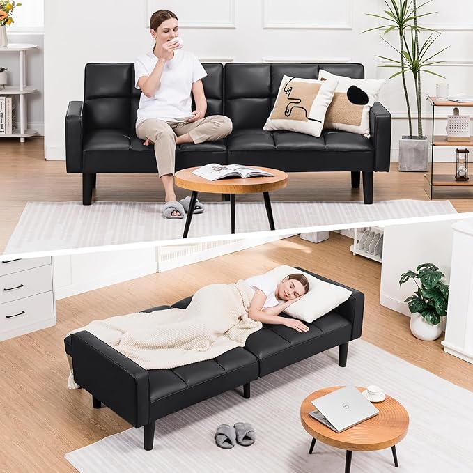 COMHOMA 76 inch Futon Sofa BedMid Century Modern Futon Couch with Adjustable BackrestFabric Convertible Sofa CamaFolding Sleeper Sofa for Living RoomBedroom (Black)