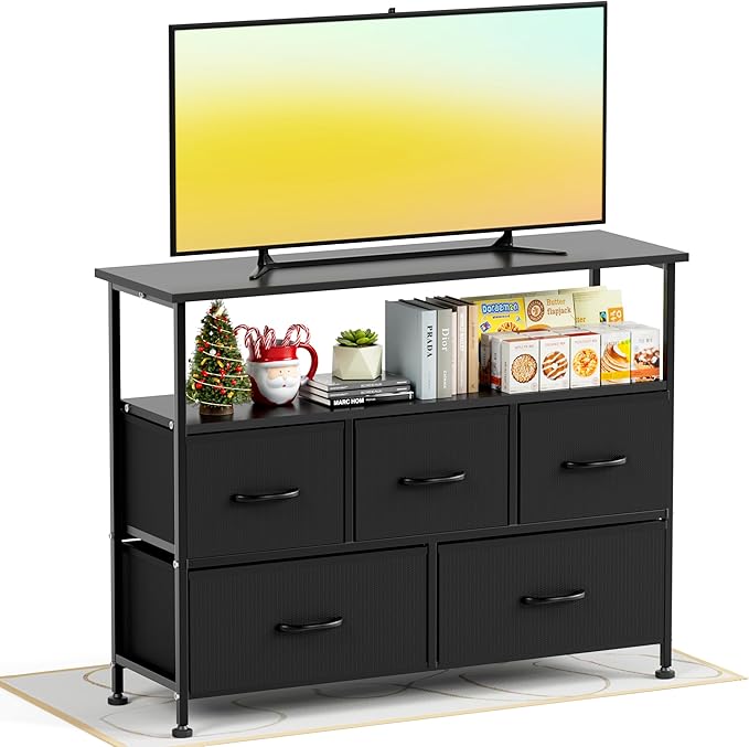 Simple Deluxe TV Stand Dresser for Bedroom Entertainment Center with 5 Fabric Drawers Storage Organizers Units for Living Room Media Console Table with Open Shelf up for 45 TV Black Wood top