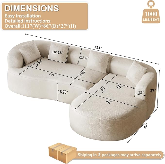 Oversized Sectional Sofa with Right Chaise for Living Room 111 Modern Curved L Shape Cloud Couch with Extra Deep Seat Modern Luxury Chenille 4 Seater No Assembly Required Beige White