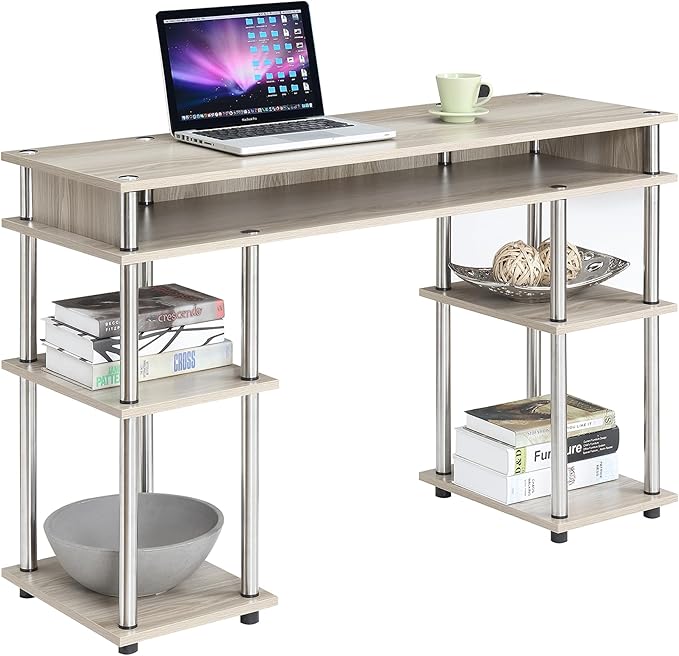 Convenience Concepts Designs2Go No Tools Desk Home Office Desk with Shelves Corner Shelf Vanity Desk Computer Desk Nail Table for Nail Tech - 47.25 L x 15.75 W x 30 H Ice White