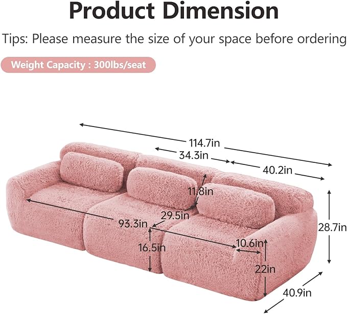 114 Modern Modular Boneless Sectional Couches for Living Room 3 Seater Deep Seat Compressed Sofa No Assembly Required Plush Fabric Fabric Cloud Comfy Sofa Set Pink