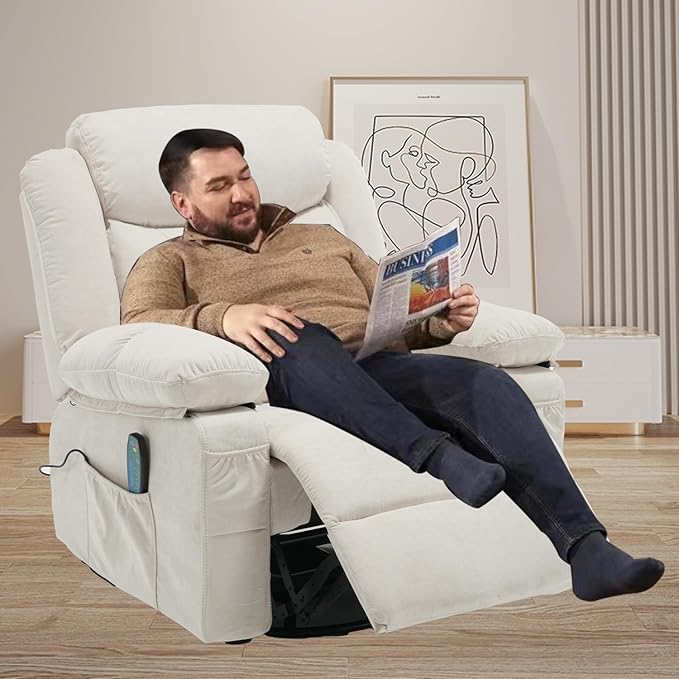 Swivel Rocker Massage Recliner Chair with Heat Overstuffed Fabric Rocking Recliners Single Sofa for Adult Manual Reclining Recliners Home Theater Lounge Chairs for Living RoomWhite