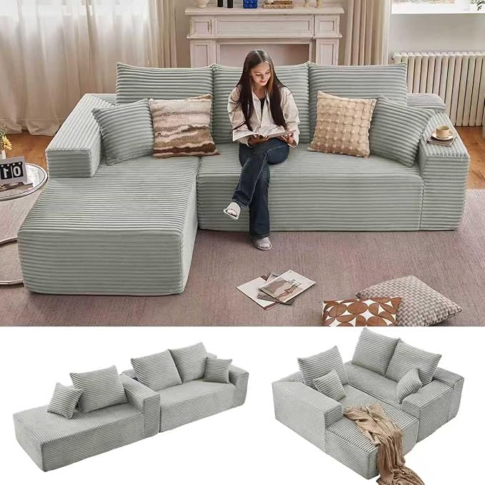 96 Modular Sectional Sofa Modern Corduroy Cloud Couch with Deep Seat Boneless Couch Upholstered 3-Seater L-Shaped Sofa for Living Room No Assembly Required (Light Gray Left-Facing Chaise)