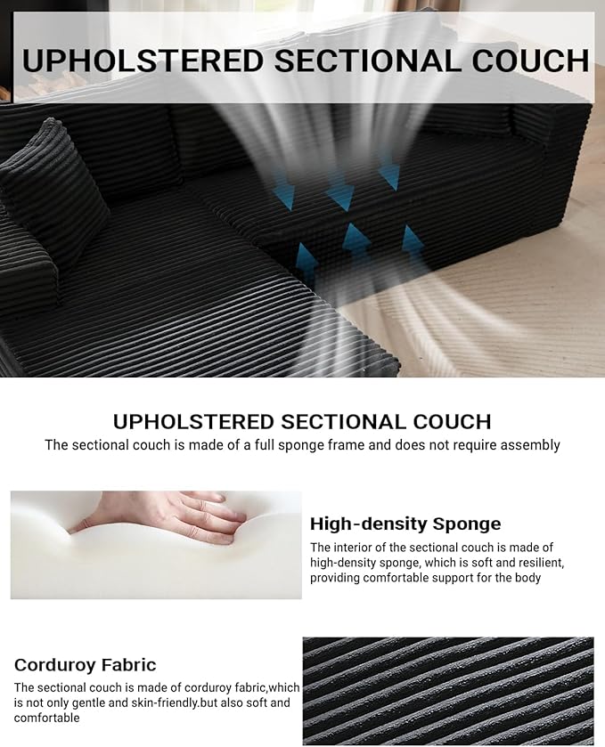 Cloud Sectional Couch 105 Inch Modular Sectional Sofa with Deep Seat Corduroy Boneless Couches with L-Shape Chaise for Living Room Bedroom Left Facing Chaise No Assembly Required (Black)