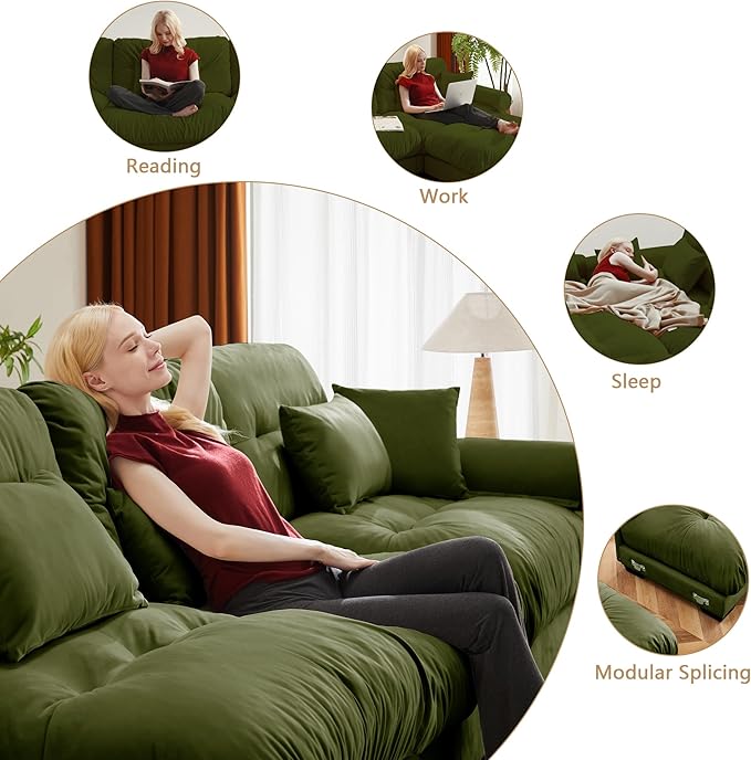 Setawix Modern U-Shaped 2 Seater Cloud Sofas Couches with Deep Seat for Living RoomComfy Velvet Modular Sectional Sofa with Movable OttomansDIY Combination CouchTufted(Olive)