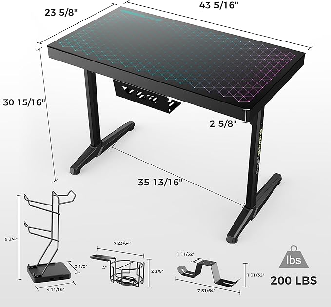 EUREKA ERGONOMIC RGB LED Gaming Desk Music Sync Lights Up Tempered Glass Desktop 43 GTG I43 Home Office Computer Table W Controller Rack 4 USB Charging Ports APP Control