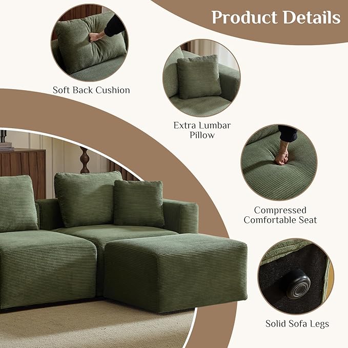 Karl home 112 Sectional Couch with Movable Ottoman Modern Corduroy Cloud Sofa Set with Deep Seat Convertible L-Shape Boneless Couch for Living Room Apartment Studio Green