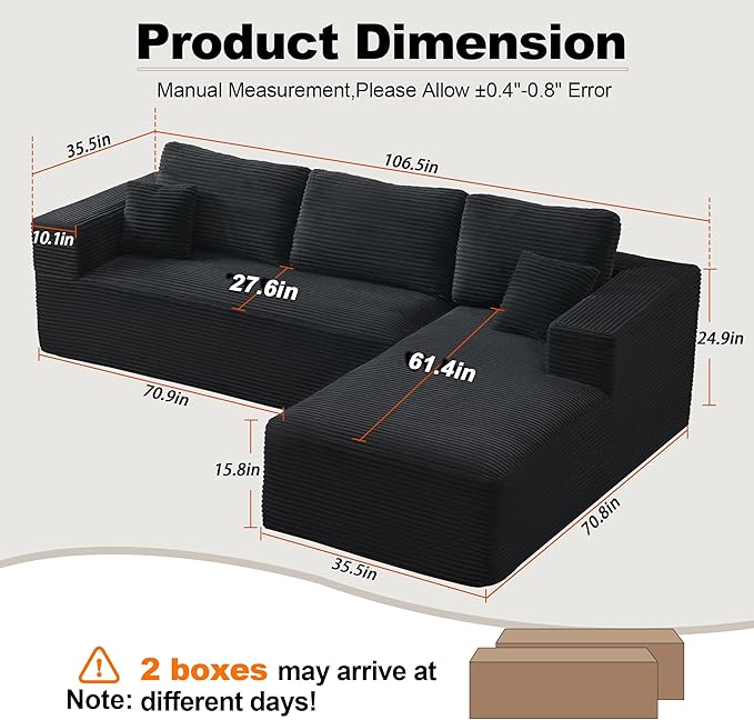 106 Cloud Modular Sectional Sofa Couch with L-Shape ChaiseModern Boneless Sectional Couch with Deep SeatUpholstered Couches for Living Room BedroomNo Assembly RequiredBlack