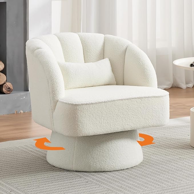 Swivel Barrel Chair - Teddy Bear Velvet Upholstered Modern Armchair with Striped Backrest &amp Plush Padding Round Lounge Chair for Living Room Bedroom Small Spaces Beige - (1 Pcs)