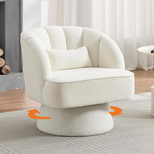 Swivel Barrel Chair - Teddy Bear Velvet Upholstered Modern Armchair with Striped Backrest &amp Plush Padding Round Lounge Chair for Living Room Bedroom Small Spaces Beige - (1 Pcs)