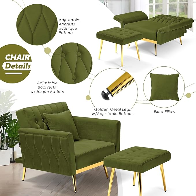 Velvet Accent Chair with Adjustable Backrest and Armrests Single Recliner Armchair with Ottoman and Golden Mental Legs for Living Room Bedroom and Waiting Room Olive Green