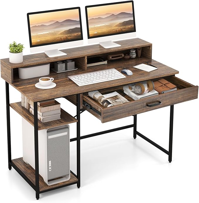 Tangkula Computer Desk with Storage Drawer &amp Monitor Stand 48” Home Office Writing Desk with 2 Open Shelves &amp Compartments Computer Workstation Writing Study Desk with Metal Frame (Rustic Br