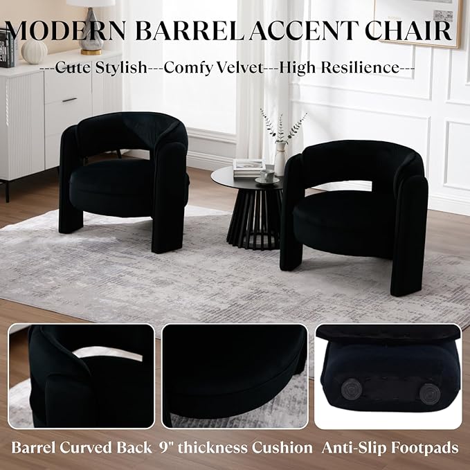 Modern Accent Chair Set of 2 Low Seat Round Upholstered Lounger Chair with Barrel Back Solid Wood Legs Mid Century Velvet Comfy Armchair Cozy Side Chair for Living Room Bedroom Black